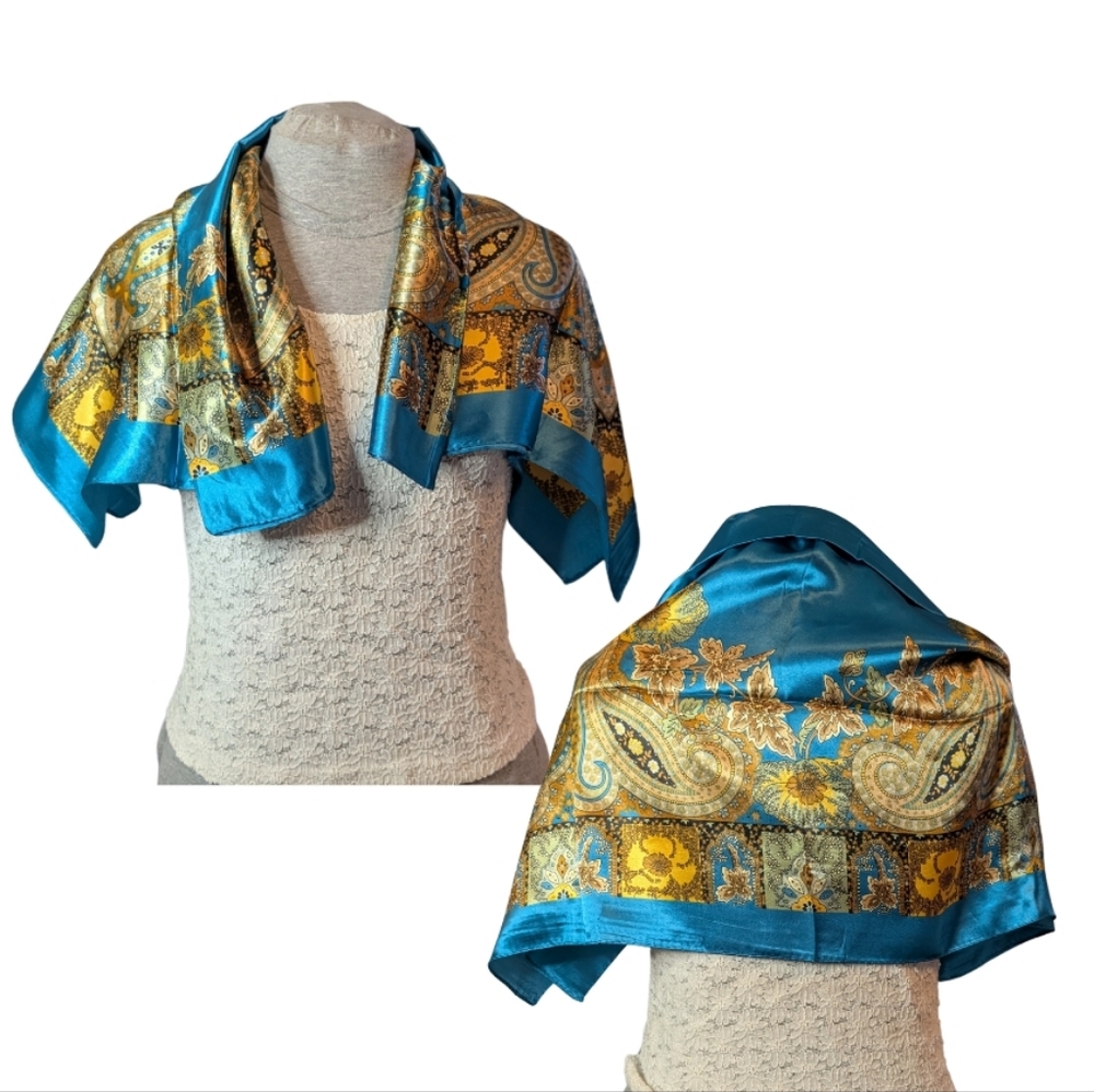 Vibrant Blue and Gold Paisley Scarf EUC NWT